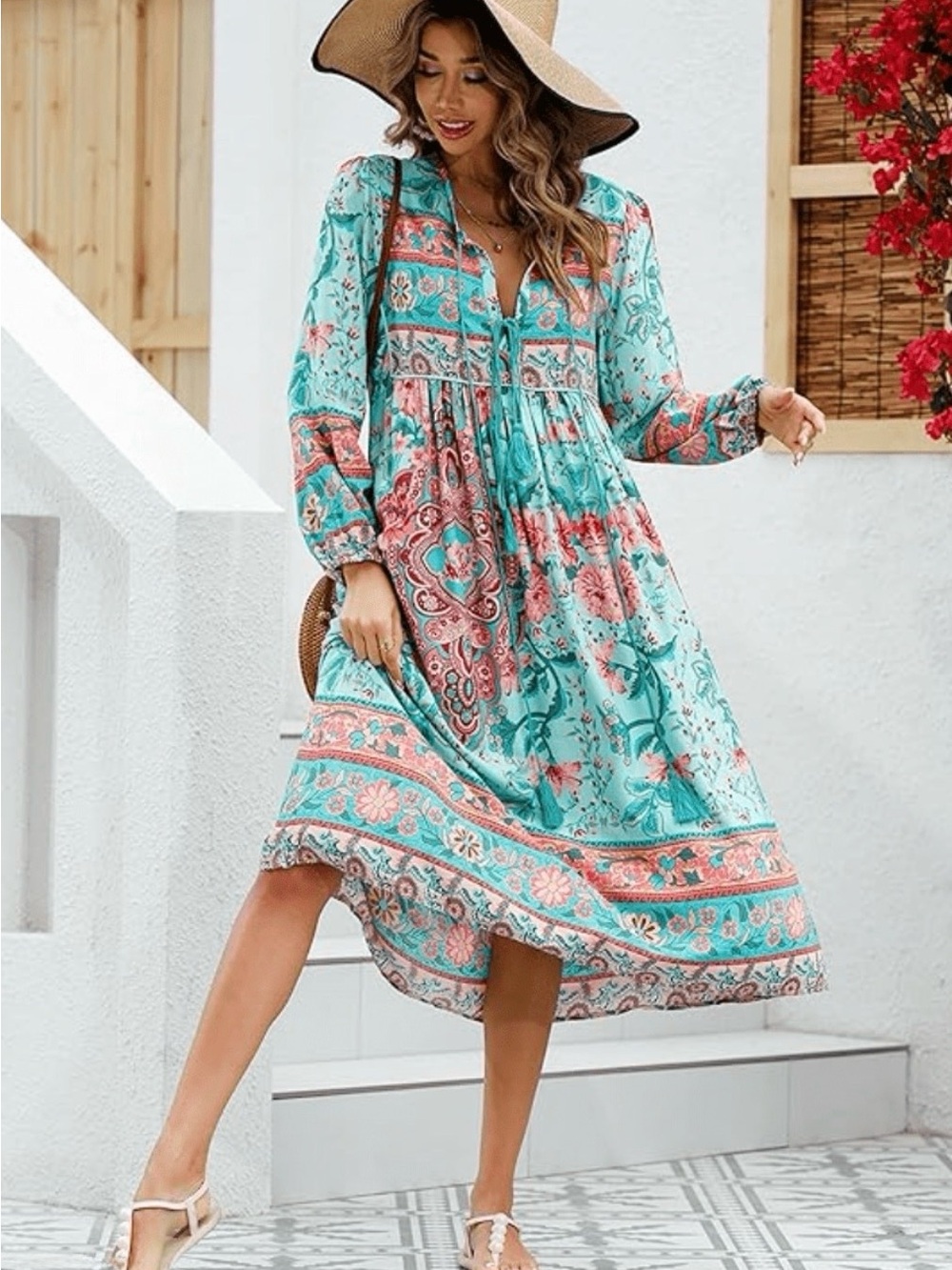 Tiered Floral Midi Dress in Aqua and Coral